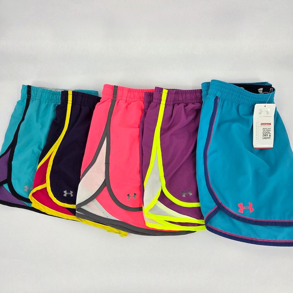 LOT of 5 Under Armour Running Athletic Shorts Neon Pink Blue Purple Size Large